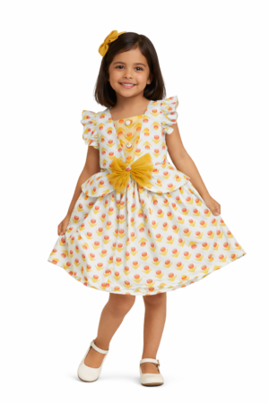 Girls Formal Frock with Floral Print |  Cotton Lawn Fabric with Net Bow