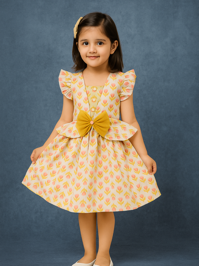Girls Formal Frock with Floral Print |  Cotton Lawn Fabric with Net Bow