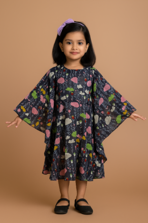 Girls Formal Frock with Floral Print |  Soft Silky Fabric with Batwing Sleeves