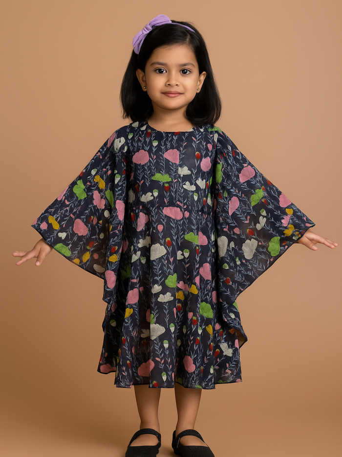 Girls Formal Frock with Floral Print |  Soft Silky Fabric with Batwing Sleeves