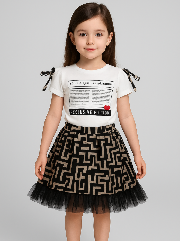 Girls Casual Frock with Chest Print |  Stretch Jersey Top & Silky Net Layered Bottom