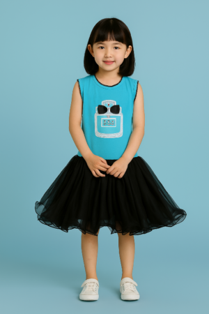 Girls Casual Frock with Chest Embroidery |  Stretch Jersey Top with Puffy Net Layers