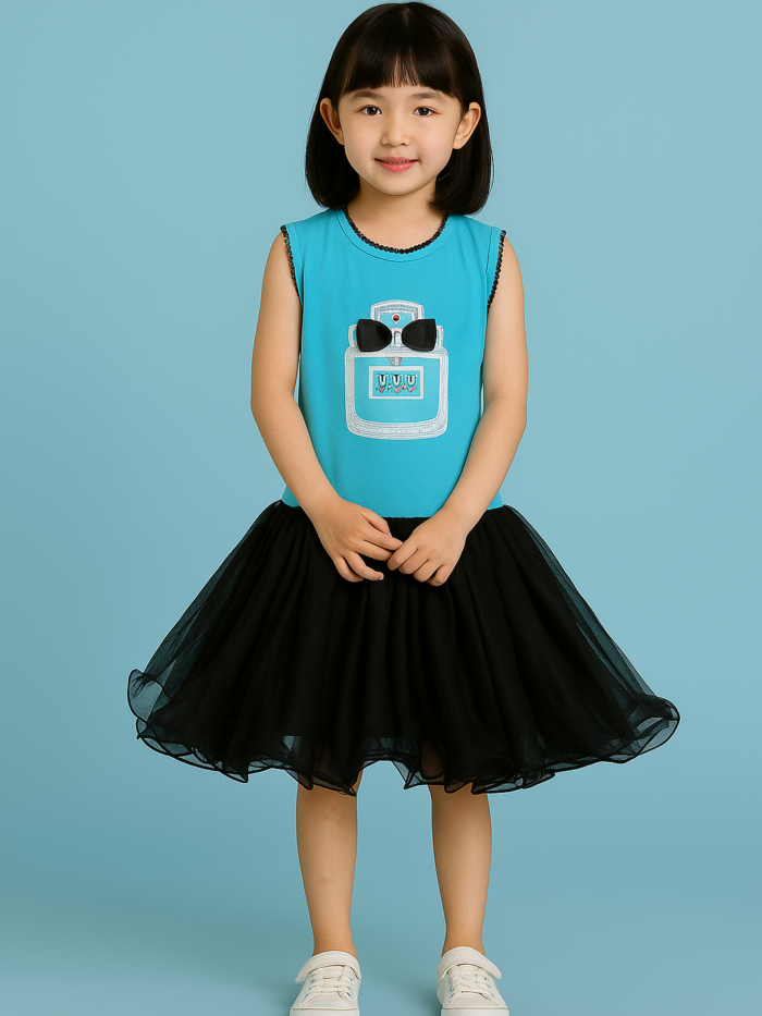Girls Casual Frock with Chest Embroidery |  Stretch Jersey Top with Puffy Net Layers