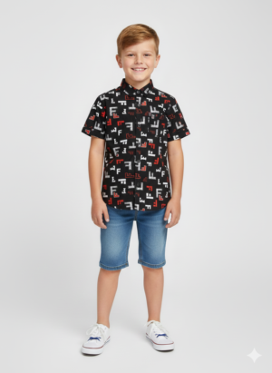 Boys Black Printed Shirt in Soft Blended Cotton Fabric
