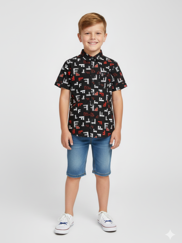 Boys Black Printed Shirt in Soft Blended Cotton Fabric