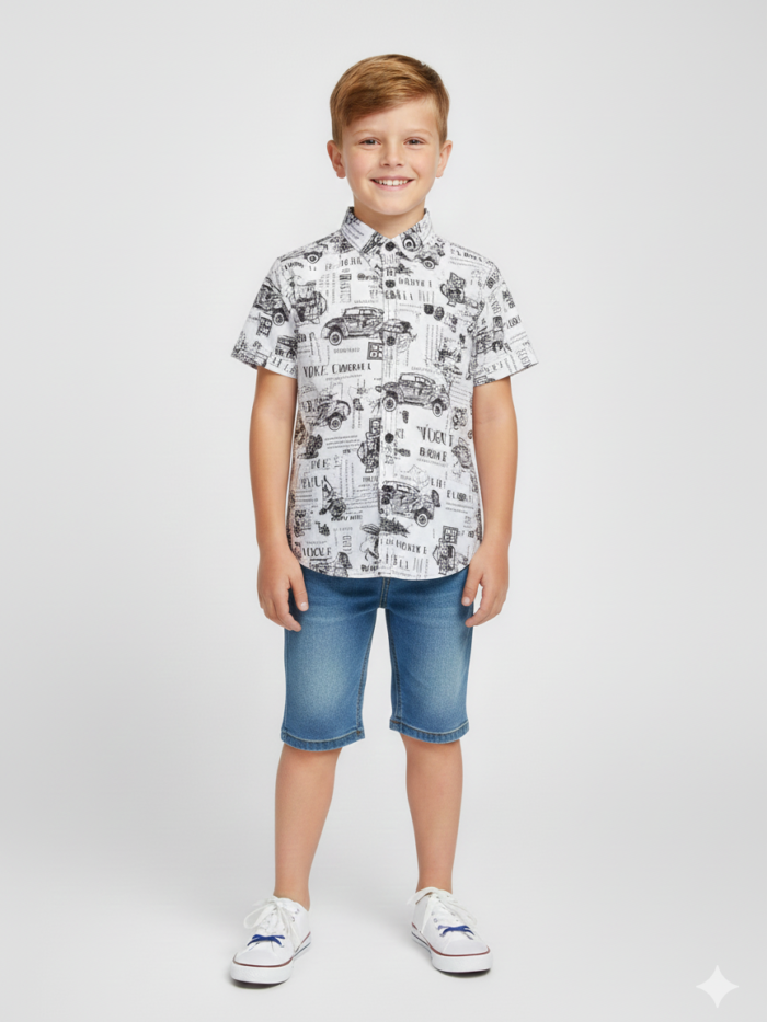 Boys White Printed Shirt in Soft Blended Cotton Fabric