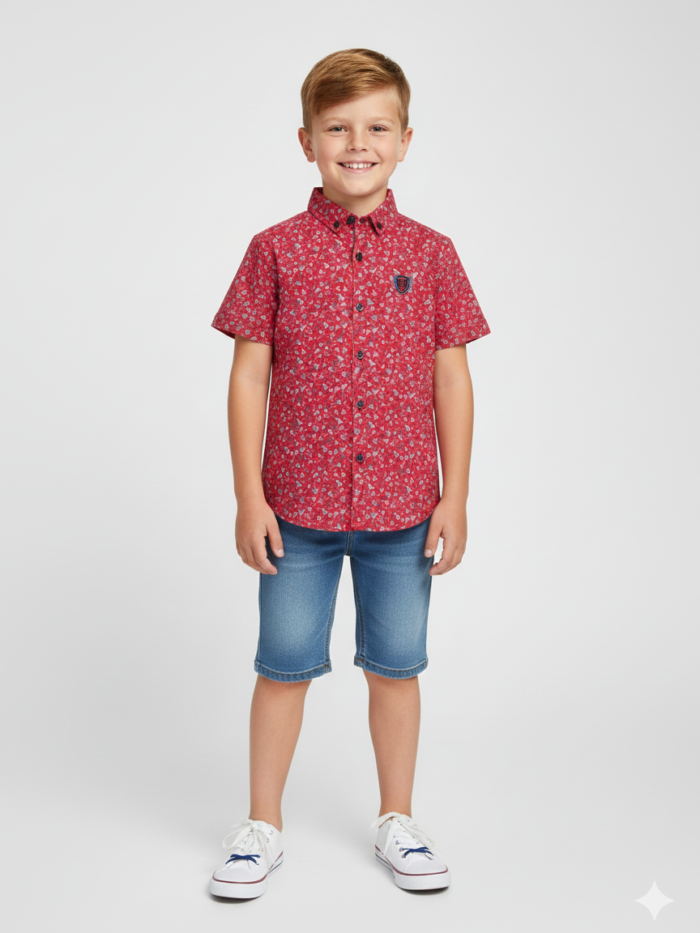 Boys Red Printed Shirt in Soft Blended Cotton Fabric