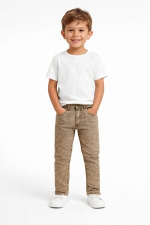 Boys Khaki Denim Pants with Random Wash Effect