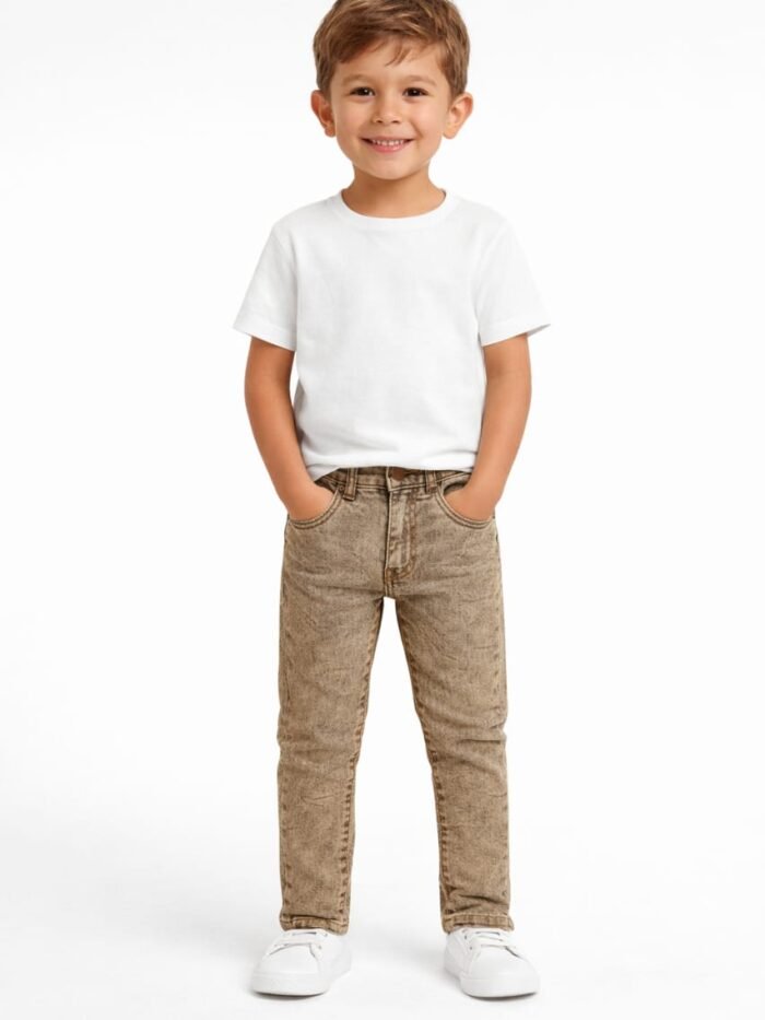 Boys Khaki Denim Pants with Random Wash Effect
