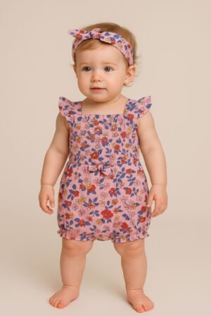 Infant Eye-Catching Floral Romper with Headband