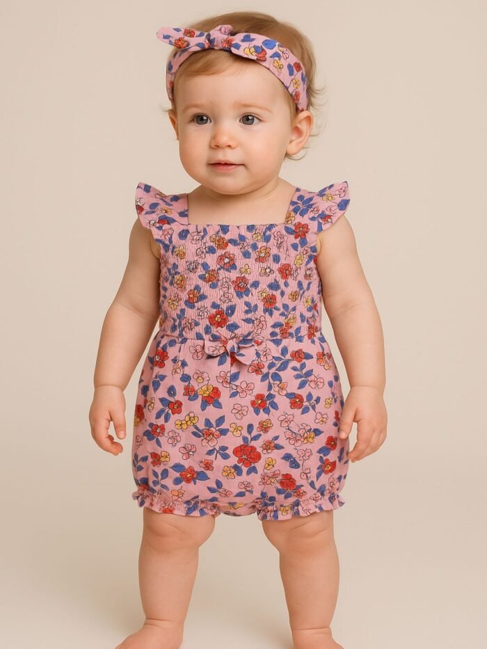 Infant Eye-Catching Floral Romper with Headband
