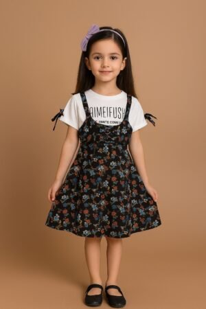 Girls' Casual Chic Frock: Soft Jersey Graphic Bodice with Silky Printed Skirt