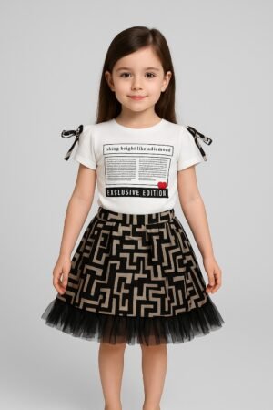 Girls Casual Frock with Chest Print |  Stretch Jersey Top & Silky Net Layered Bottom