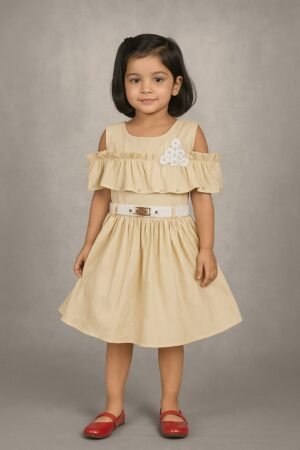 Girls’ Cold-Shoulder Dress in Textured Blended Cotton
