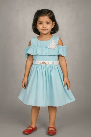 Girls’ Cold-Shoulder Dress in Textured Blended Cotton