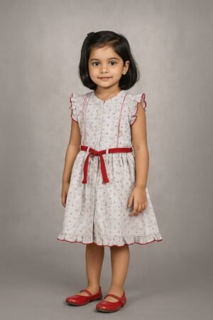 Frill-Sleeve Printed Cotton Frock with Braided Waist Detail