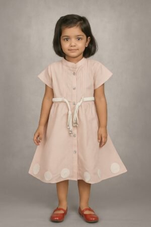 Girls’ Peach Texturized Cotton Frock with Tassel Belt
