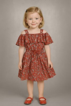 Girls’ Dull Brown Striped Frill Frock
